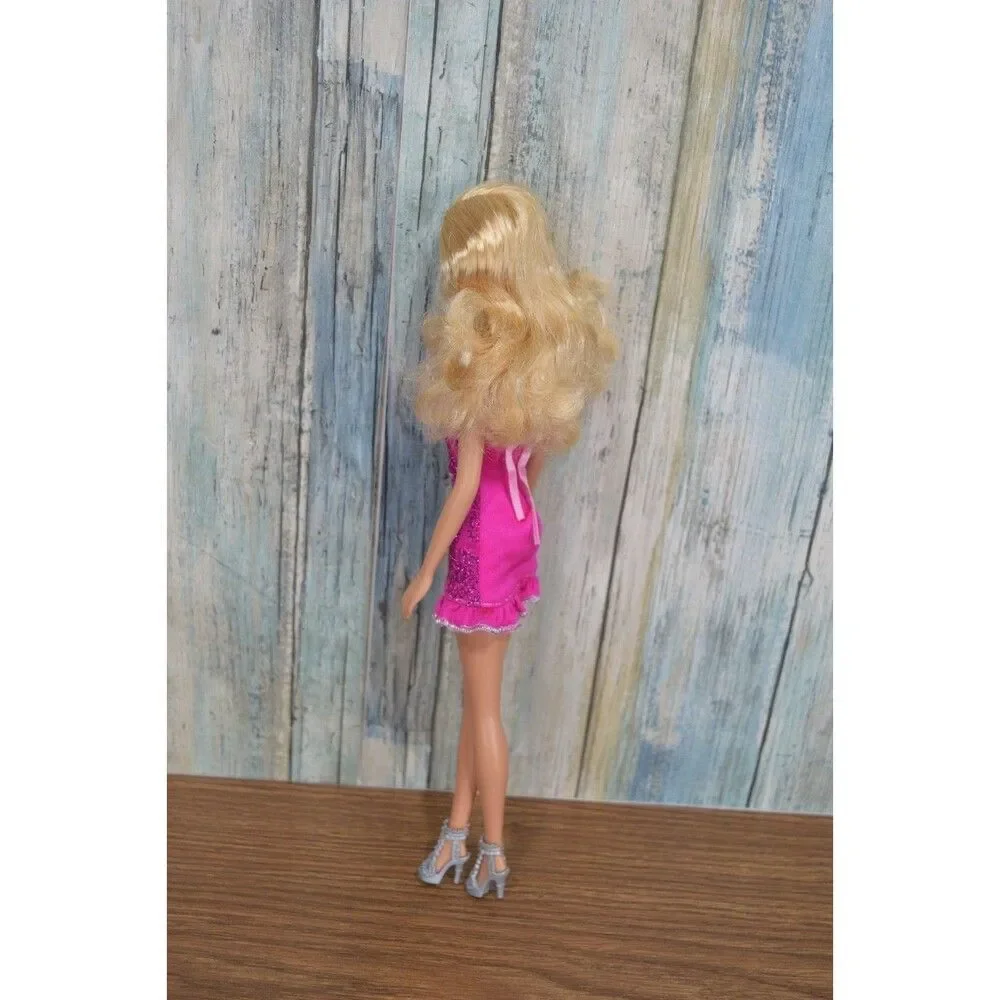 Barbie Doll Blond Hair Blue Eyes Pink Glitter Dress Silver Necklace & Heels